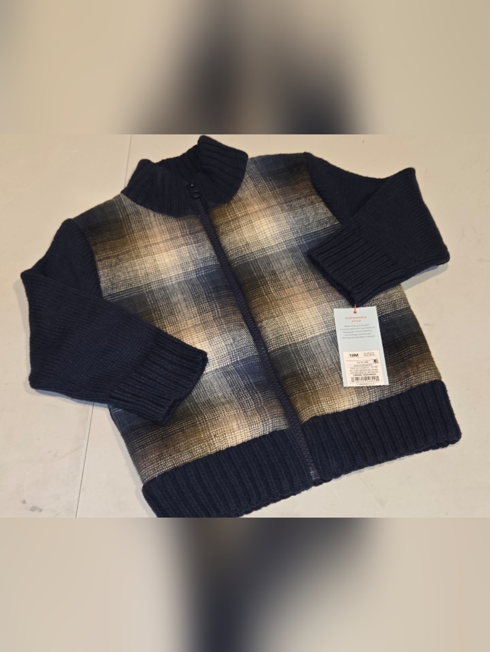 Cat & Jack Kid's Navy Plaid Zip-Front Sweater Coat Size 18M NWT